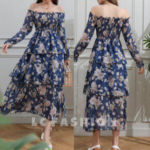 Boho Floral Dress,Off The Shoulder Shirred Layered Long Sleeve Hem Summer Dress
